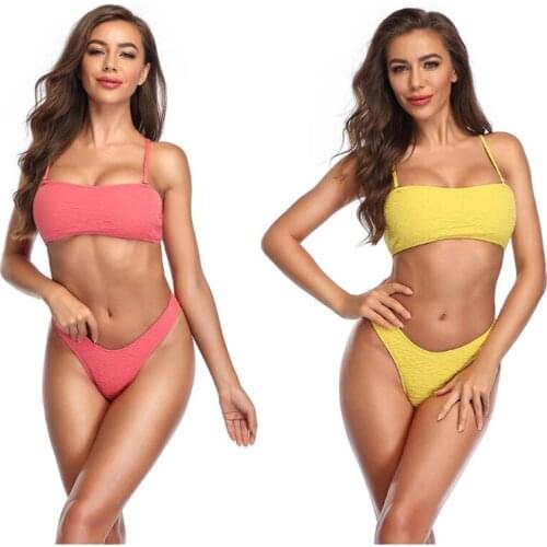 2021 new special fabric pure color sling sexy cross lace split bikini women