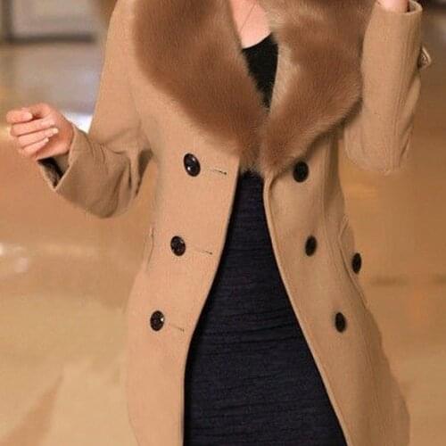 Womens Double-Breasted Woolen Coat Faux Fur Collar Warm Windbreaker Slim fit Overcoat with Belt Plus Size