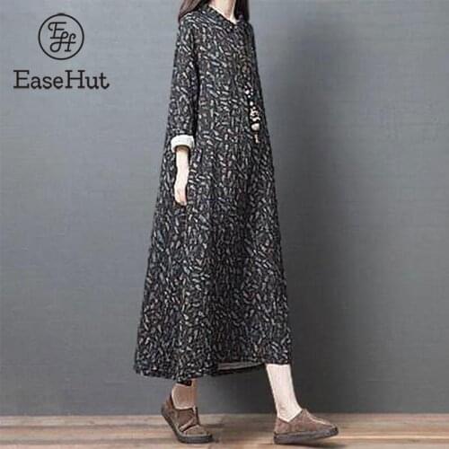 EaseHut Vintage Printed Turn-down Collar Long Sleeves Plus Size Pockets Casual Cotton Linen Dresses Black women 39 s Vestidos