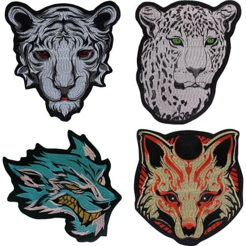 1PC Wolf Leopards Foxes Head Patches Iron on Sew on Embroidery Patch for Jacket Back Punk Motorcycle Biker Badge TH1542