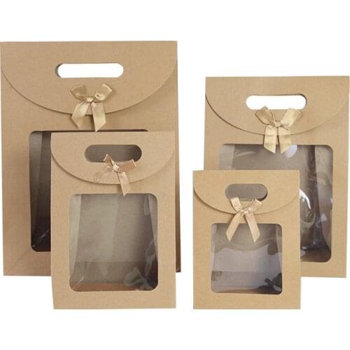 2pc/lot 16-31cm Transparent Kraft Paper Bags With Ribbon Candy Gifts Packaging Birthday Holiday Wedding Party Present For Guests