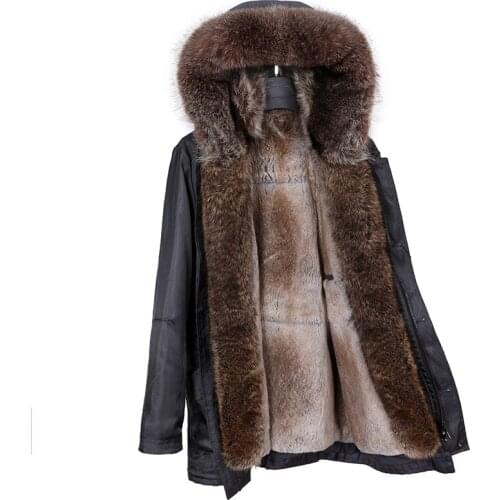 2020 new rabbit fur liner pie overcoming mid-length hooded raccoon fur collar overcoming coat men