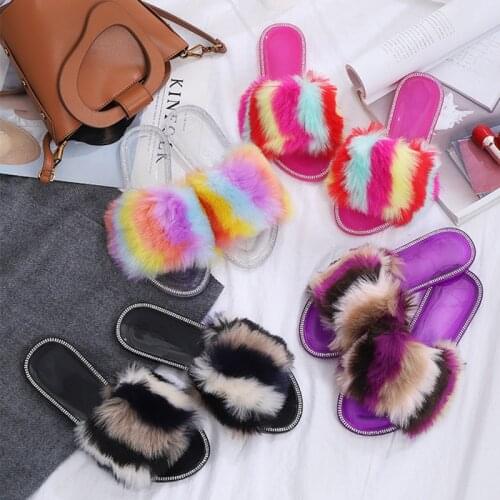 2021 Flat Sandals Women Summer Open Tea Slippers Rainbow Plush Shoes Rhinestone Sandals Outdoor Woman Slippers