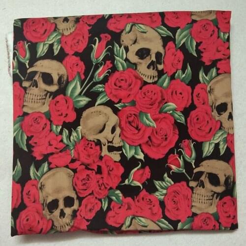 105cm Width Vintage Halloween Punk Cool Blooming Red Rose Flower Skull Printed Cotton Spandex Fabric Elastic Stretchable Skull