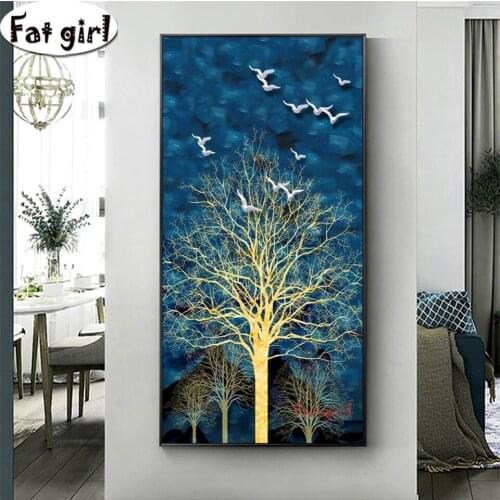 5D Embroidery Abstract Golden Tree Blue Night Starlight Diamond Painting Nordic Wall Art Mosaic Cross Stitch Square Round Drill