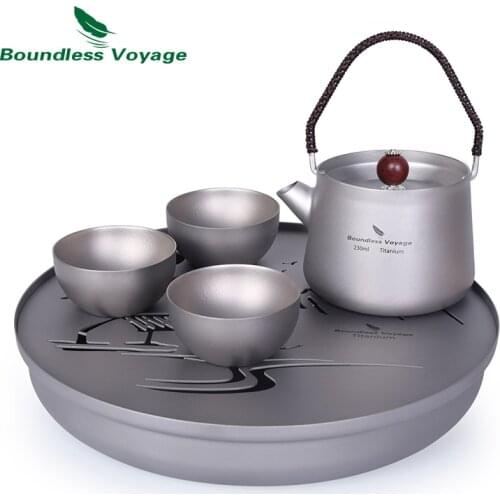 Boundless Voyage Tea Pot Cup Chinese Titanium Kung Fu Tea Set Camping Portable Ultralight Landscape Painting Tea Tray and Kettle