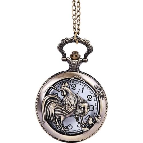 Retro Trend Bronze Chinese Zodiac Chicken Perspective Pattern Open White Digital Pocket Watch Mens and Womens Accessories Chai