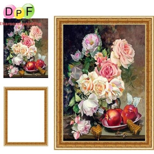 DPF Diamond Embroidery with Framed round Diamond Painting Diamond Cross Stitch Rhinestone home Decor painting Flowers and desser