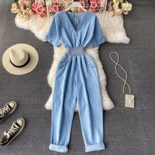 Amolapha Women Short Sleeve Casual Pockets Solid Color Jeans Jumpsuit Deep V Neck Zipper Slim Waist Overalls Office Rompers