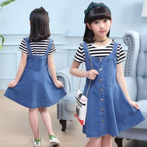FYH 2019 Girls Summer Sets New Children Clothing Suit Cotton Stirped Short Sleeve T-shirt+Denim Dress 2 pcs Girls Jean Dress Set