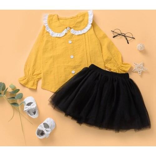 Spring Autumn Girl Set Mustard Cotton Long Sleeve Shirt + Black Tutu Skirt Suits for Kids Girls Clothing