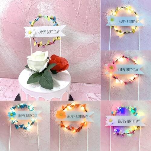 High Quality DIY LED Light Up Garland Wreath Baking Decor Cake Toppers Happy Birthday Party Cake Decoration Birthday Surprise