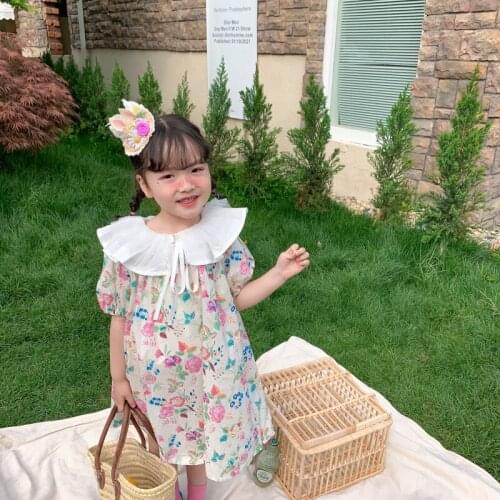 Summer New Arrival korean style girls dress cute with baby double lapel floral princess dress for cute sweet baby girls