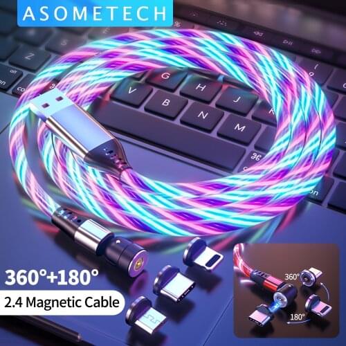 540 Rotation Glow LED Light Magnetic Cable Micro USB Type C Cable USB C Cable Fast Charge Cable for iPhone Huawei Samsung Xiaomi