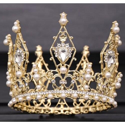 Trendy Round Gold Crown Bridal Princess tiara Crystal Rhinestone Pearl Diadem Bridal Crown Hair Accessories Wedding Hair Jewelry
