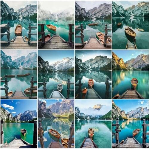 MomoArt Diamond Embroidery Lake Cross Stitch Diamond Painting Mountain Full Square Mosaic Boat Picture Of Rhinestones Wall Art