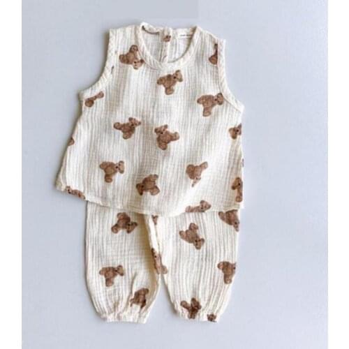 2021 New 1-6 Year Children Clothing Cute Bear Print Baby Girl Clothes Summer Sleeveless Tops + Pants Boys 2pcs Set Children Suit