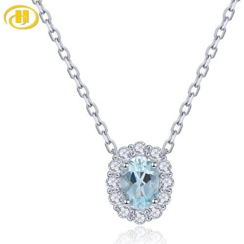Natural Oval 7*5mm Aquamarine Solid 925 Sterling Silver Necklace with Silver Chain Classic Design Best Anniversary Gift