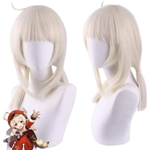 Genshin Impact Wig with Ponytails Klee Cosplay Beige Hair 45cm Long Straight Heat Resistant Wigs Women Role Play Costume