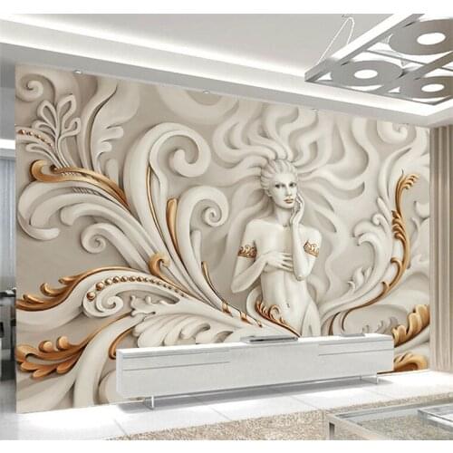 Custom 3D Wall Paper Goddess Of Mercy Gold Embossed Wallpaper Sofa Living Room TV Backdrop Wall Sticker