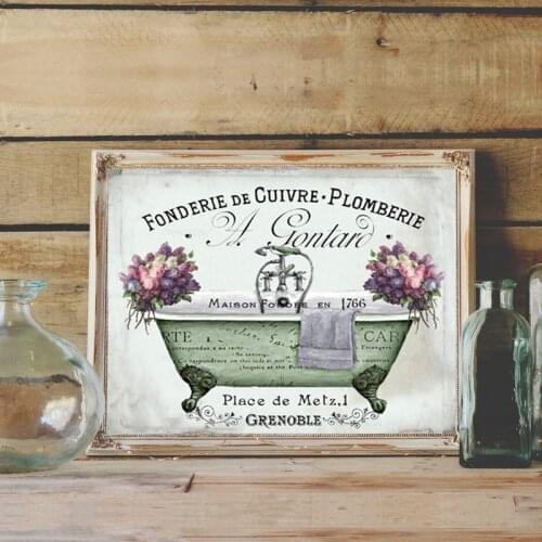 Vintage Bathtub Canvas Poster French Style Shabby Floral Bathroom Wall Art Painting Picture Decor Unframed