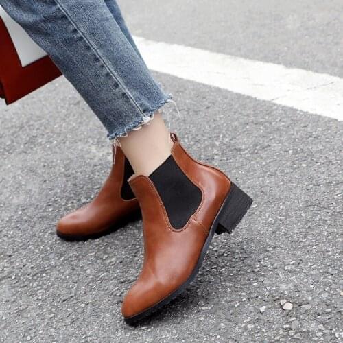 PXELENA Retro Chelsea Boots Women Elastic Band Square Med Heels Ankle Boots Female Shoes Casual Comfort Footwear 2018 Winter New