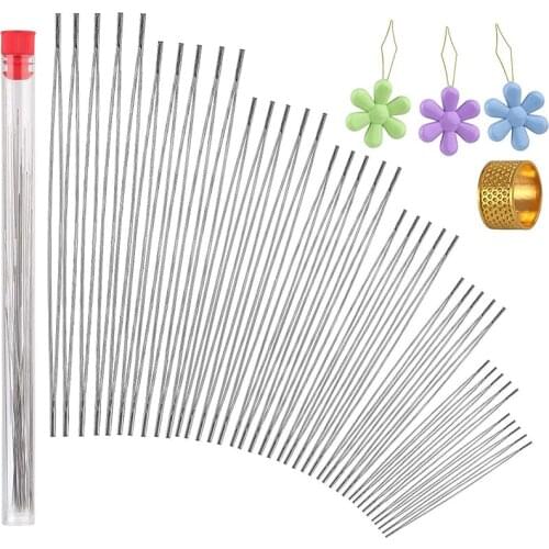 RORGETO 40 Pcs Beading Needles Embroidery Needle Thin Beading Needles with Threader and Sewing Thimble Long Straight Needles