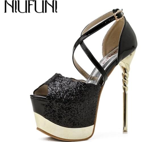 Peep Toe Bling Women Sandals Gladiator Plus Size 35-41 Platform 16cm High Heels Stiletto Buckle Wedding Model Shoes For Women