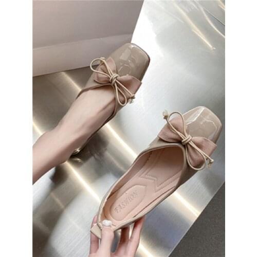 Casual Flat-Bottomed Comfortable Set Of Feet Bowknot Ladies Single Shoes Summer New Solid Color Square Toe Small Leather Shoes