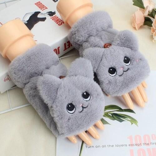 Winter Warm Soft Rabbit Fur Knit Mittens Women Flip Half finger Driving Gloves Plush Thick Cute Cat Touch screen Gloves E65