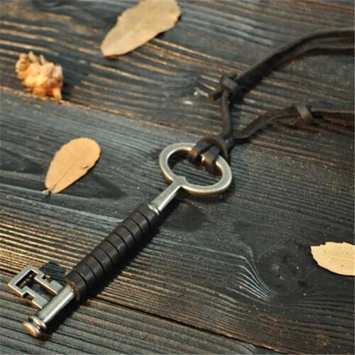 Vintage Cow Leather Cord Necklace Key Pendant Necklace for Men