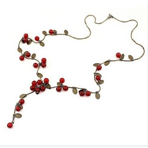 Vintage wine red cherry round beads multi-pocket ten-storey necklace long for women