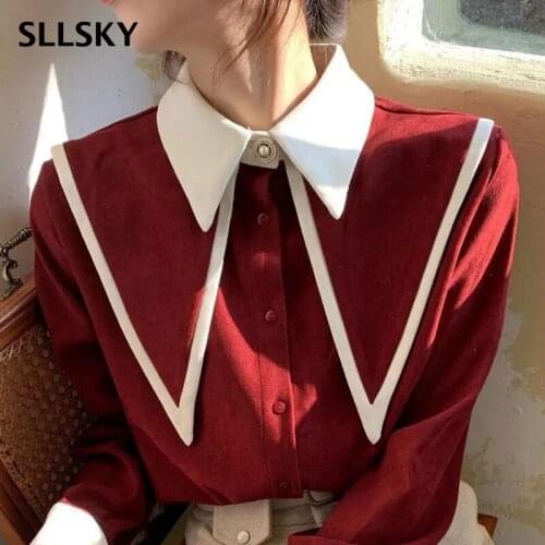 SLLSKY Fashion Patchwork Chiffon Shirts Women Elegant Loose Long Sleeve Single Breasted Turn-down Collar Tops Spring Blouses