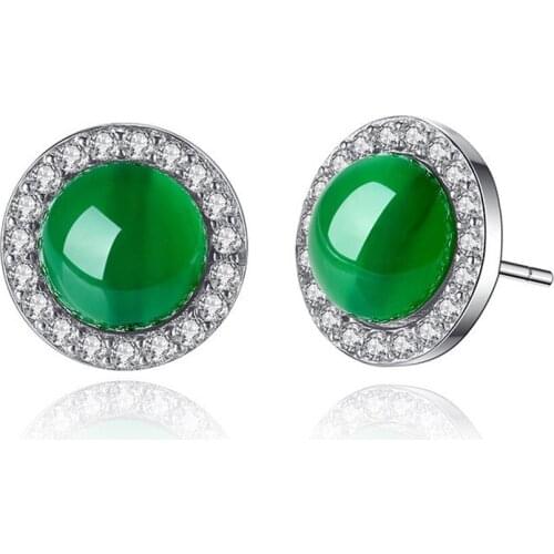 Green jade stud earrings for women sterling silver natural gemstones jasper diamond agate fine jewelry gifts for women mother