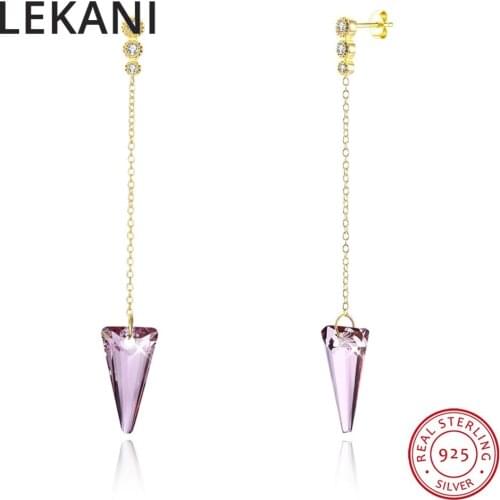 LEKANI Crystals From SWAROVSKI Gold Color Long Chain Drop Earrings S925 Sterling Silver Spike Pendant Piercing For Women Party