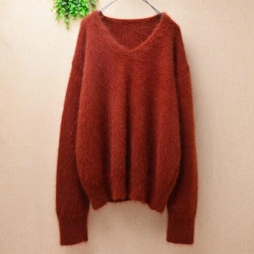 Ladies women casual autumn winter hairy plush mink cashmere knitted v-neck long sleeves loose plus size pullover sweater