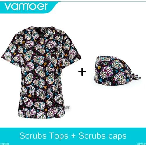 Fashion skull printing nurses tops for women lab uniform 100% cotton scrubs tops with V neck Scrub Uniformes