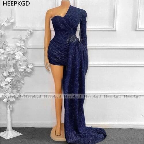 Sexy Short Navy Blue 2021 Prom Dresses Sheath Long Sleeve Shiny Material Black Girls Party Dress With Train Robe De Soiree