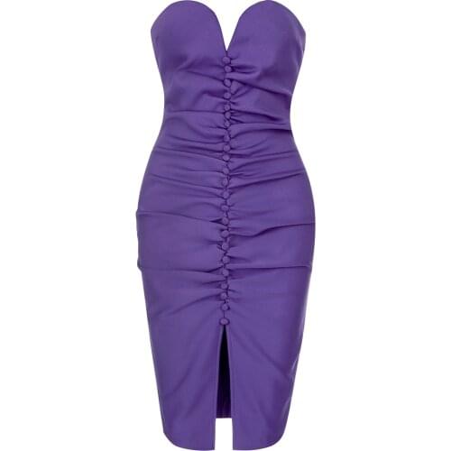 2021 Summer New Women Strapless Bandage Dress Sexy V Neck Sleeveless Draped Buttons Club Party Bodycon Dress Vestidos