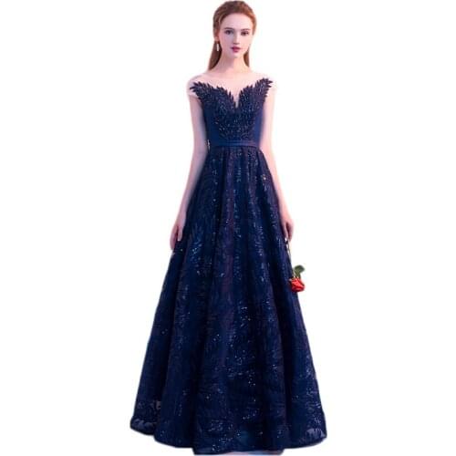 Party Dress Women Dark Blue Feathers Maxi Dress 2019 New Fashion Temperament Elegant Noble Host Banquet Vestidos Feminina CX1056