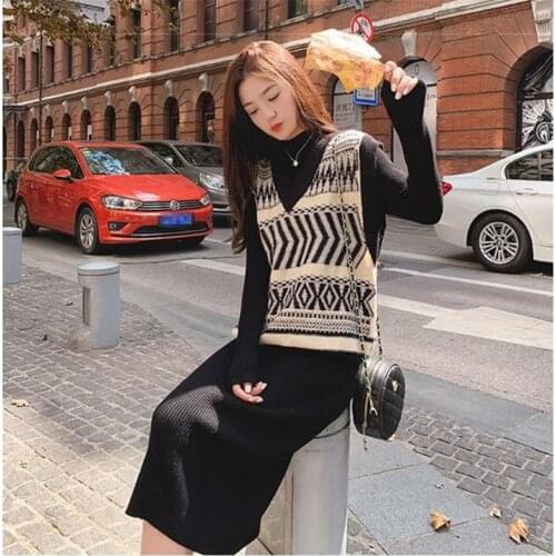 Vintage Women Dress 2021 Autumn Winter Brand Style Two Piece Set Knitted Sweater vest and Dress Women Elegant wear