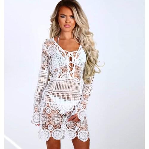 2020 Summer Boho Crochet Women Beach Dress Bikini Cover Up Swimwear Hollow Out White Black Bathing Suit Tunic Beach Dress