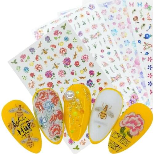 2020 Spring New Arrivals Peony Flower Bee Green Leaf Dragonfly Bird 3D Ultra thin Gummed Nail Art Sticker Decals Decoration