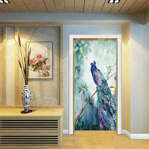 2Pcs/set Newest Animal Colorful Peacock Door Stickers Wallpaper Poster Wall Sticker Office Bedroom Living Room Home Decoration