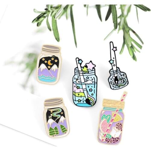 20/Lot Ink Bottle Glass Fruit Tea Drink Bottle Brooch Figures Pin For Lapel Action Figure