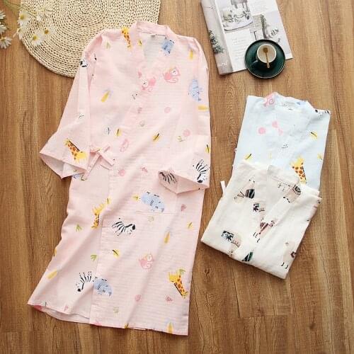 2020 Double Pure Cotton Gauze Bathrobe Young Women Cartoon Cute Home Robe Long Sleeve Kimono Japanese Lace-up Sleepwear