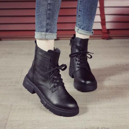 2020 New Autumn British Style Casual Boots Women Genuine Leather Low Heel Square Heel Black Lace-Up Mid Calf Ladies Boots Winter