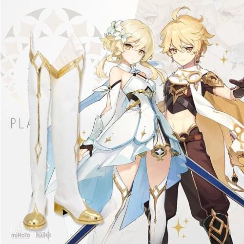 Anime Game Genshin Impact Traveler Lumine Plaper Female Traveler White Cosplay Shoes Boots Cosplay Shoes Halloween Free Shipping