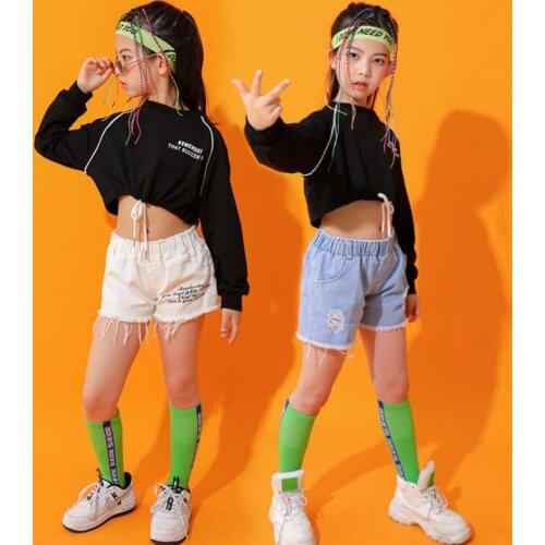 Kids Performance Hip Hop Clothing Sweatshirt Crop Tops Streetwear Summer Jeans Shorts For Girls Boys Jazz Dance Costume Clothes