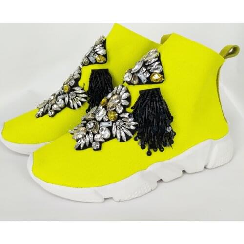 Elastic Stockings Spring Flat Shoes Elastic Boots Men and Women Beaded Crystal Printing Breathable Sneakers Large Size 34-45